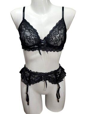 Lace Bralette Garter Set Black Lingerie Sexy Intimates L